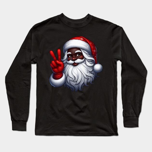 Black Santa Peace Sign Long Sleeve T-Shirt by UrbanLifeApparel