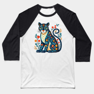 Floral Cat Illustration with Vibrant Flowers3 Baseball T-Shirt