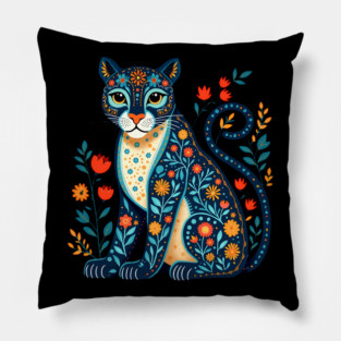 Floral Cat Illustration with Vibrant Flowers3 Pillow