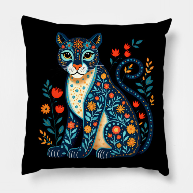 Floral Cat Illustration with Vibrant Flowers3 Pillow by BirdsnStuff
