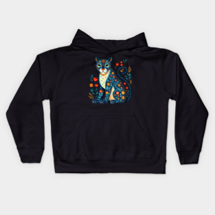 Floral Cat Illustration with Vibrant Flowers3 Kids Hoodie