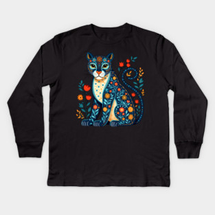 Floral Cat Illustration with Vibrant Flowers3 Kids Long Sleeve T-Shirt