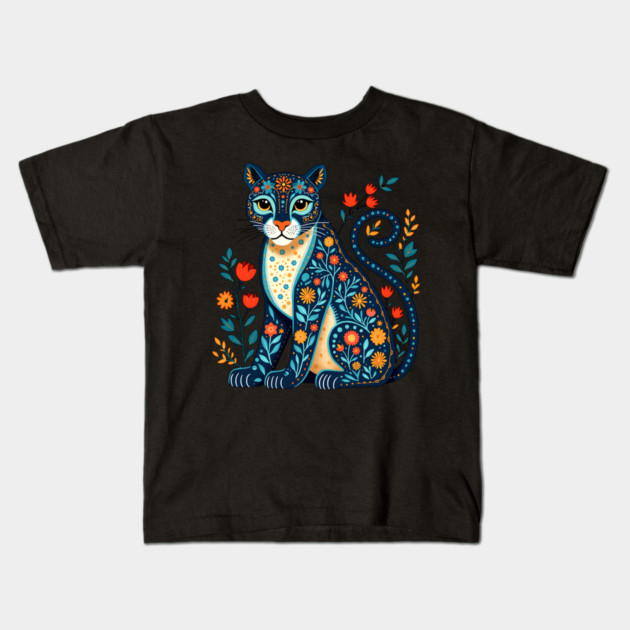 Floral Cat Illustration with Vibrant Flowers3 Kids T-Shirt by BirdsnStuff