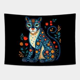Floral Cat Illustration with Vibrant Flowers3 Tapestry