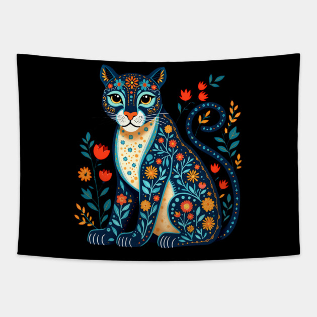 Floral Cat Illustration with Vibrant Flowers3 Tapestry by BirdsnStuff