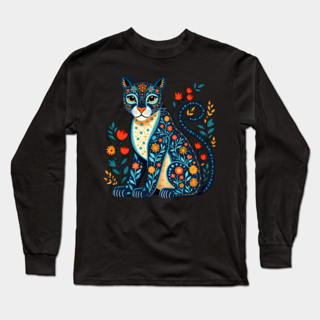 Floral Cat Illustration with Vibrant Flowers3 Long Sleeve T-Shirt by BirdsnStuff