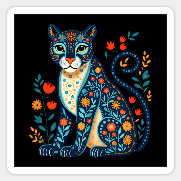 Floral Cat Illustration with Vibrant Flowers3 Magnet by BirdsnStuff