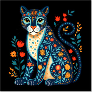Floral Cat Illustration with Vibrant Flowers3 Posters and Art