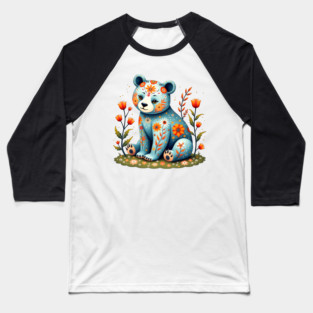 Folk Art Teddy Bear with Floral Elements Baseball T-Shirt
