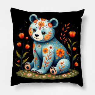 Folk Art Teddy Bear with Floral Elements Pillow