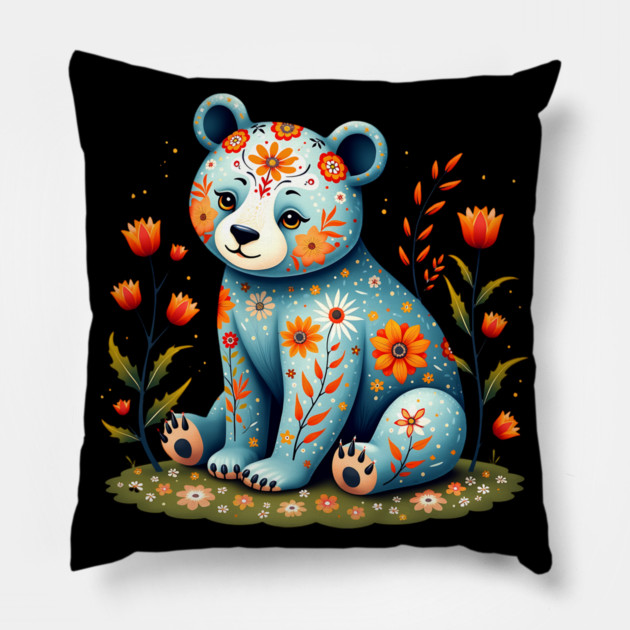 Folk Art Teddy Bear with Floral Elements Pillow by BirdsnStuff