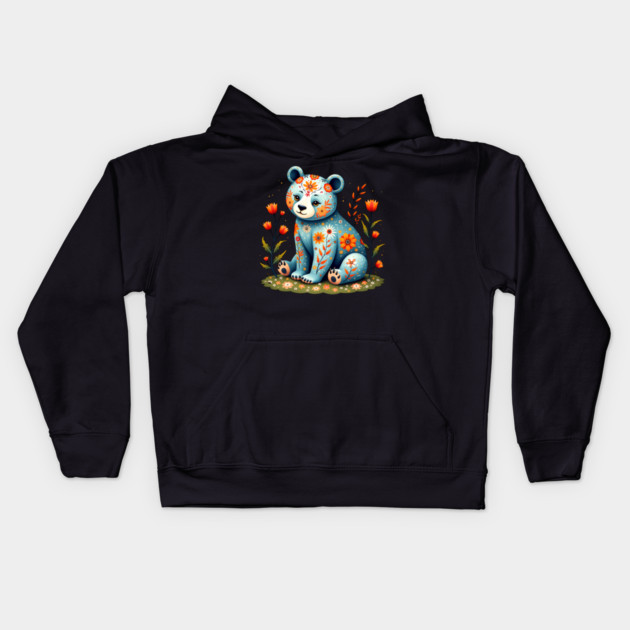 Folk Art Teddy Bear with Floral Elements Kids Hoodie by BirdsnStuff