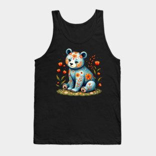 Folk Art Teddy Bear with Floral Elements Tank Top