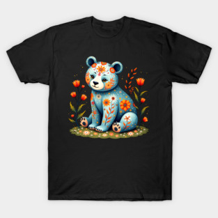 Folk Art Teddy Bear with Floral Elements T-Shirt