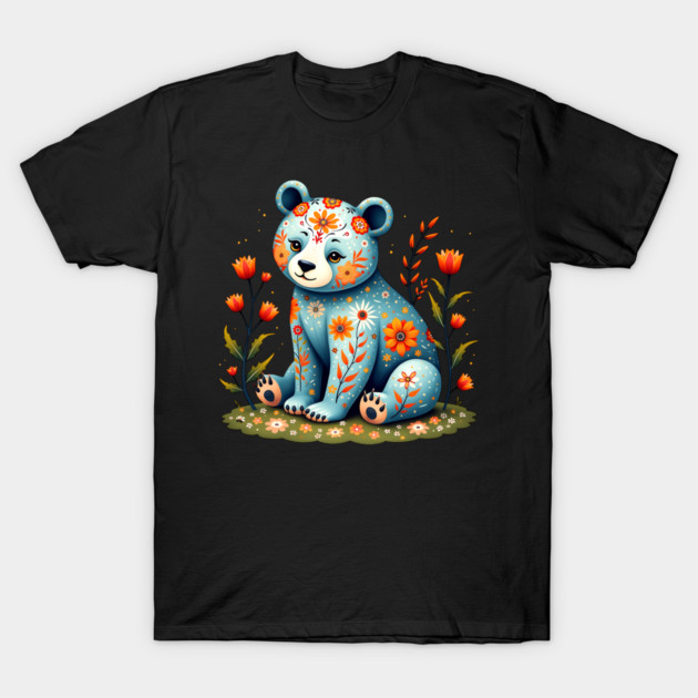 Folk Art Teddy Bear with Floral Elements T-Shirt by BirdsnStuff