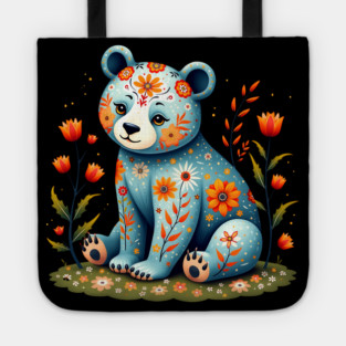 Folk Art Teddy Bear with Floral Elements Tote