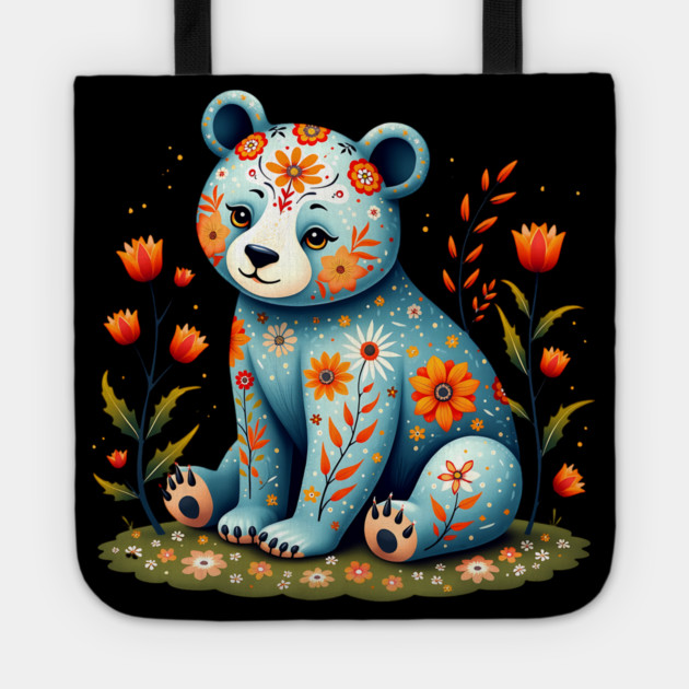 Folk Art Teddy Bear with Floral Elements Tote by BirdsnStuff