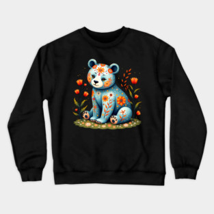 Folk Art Teddy Bear with Floral Elements Crewneck Sweatshirt