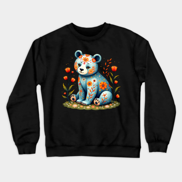 Folk Art Teddy Bear with Floral Elements Crewneck Sweatshirt by BirdsnStuff