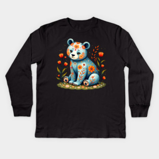 Folk Art Teddy Bear with Floral Elements Kids Long Sleeve T-Shirt