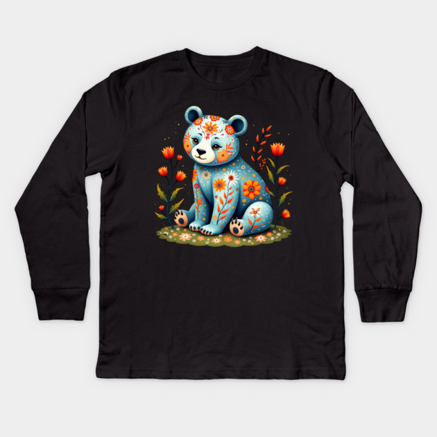 Folk Art Teddy Bear with Floral Elements Kids Long Sleeve T-Shirt by BirdsnStuff