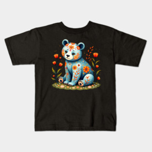 Folk Art Teddy Bear with Floral Elements Kids T-Shirt