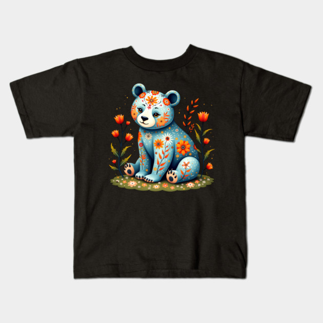 Folk Art Teddy Bear with Floral Elements Kids T-Shirt by BirdsnStuff