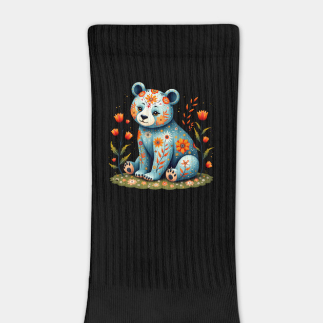 Folk Art Teddy Bear with Floral Elements by BirdsnStuff