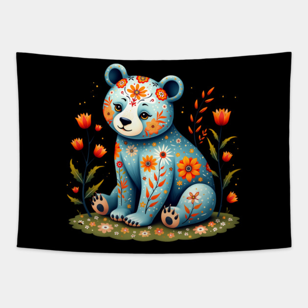 Folk Art Teddy Bear with Floral Elements Tapestry by BirdsnStuff