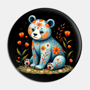 Folk Art Teddy Bear with Floral Elements Pin