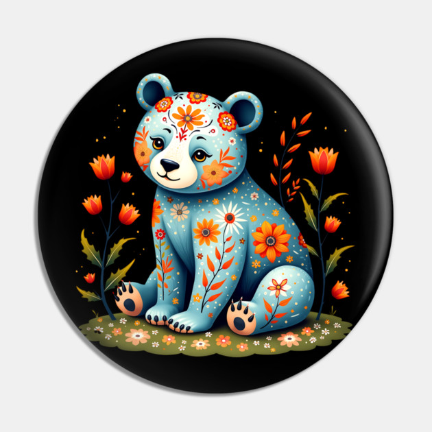 Folk Art Teddy Bear with Floral Elements Pin by BirdsnStuff
