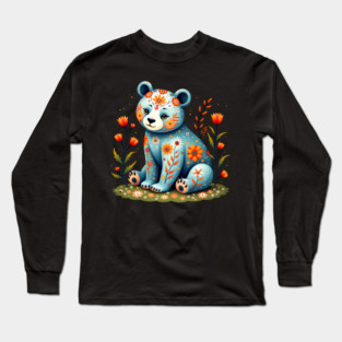 Folk Art Teddy Bear with Floral Elements Long Sleeve T-Shirt