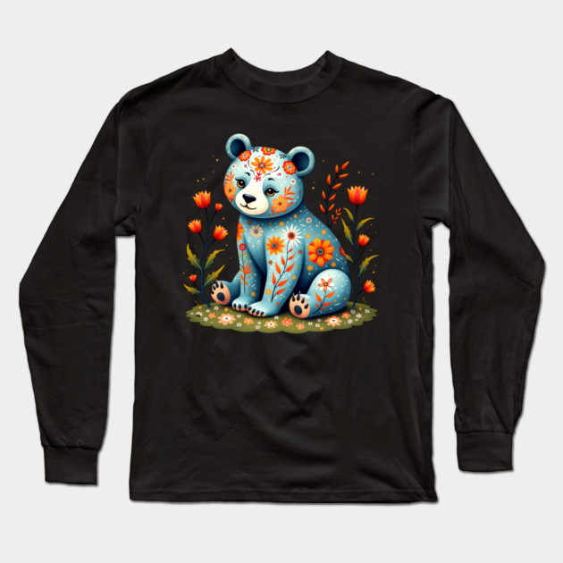Folk Art Teddy Bear with Floral Elements Long Sleeve T-Shirt by BirdsnStuff