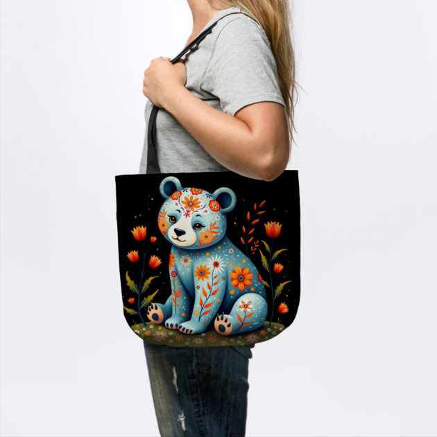 Folk Art Teddy Bear with Floral Elements by BirdsnStuff