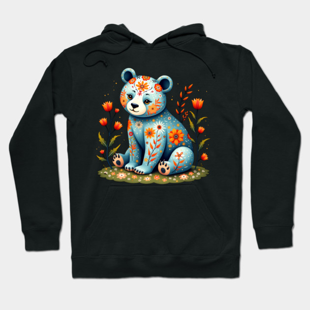 Folk Art Teddy Bear with Floral Elements Hoodie by BirdsnStuff