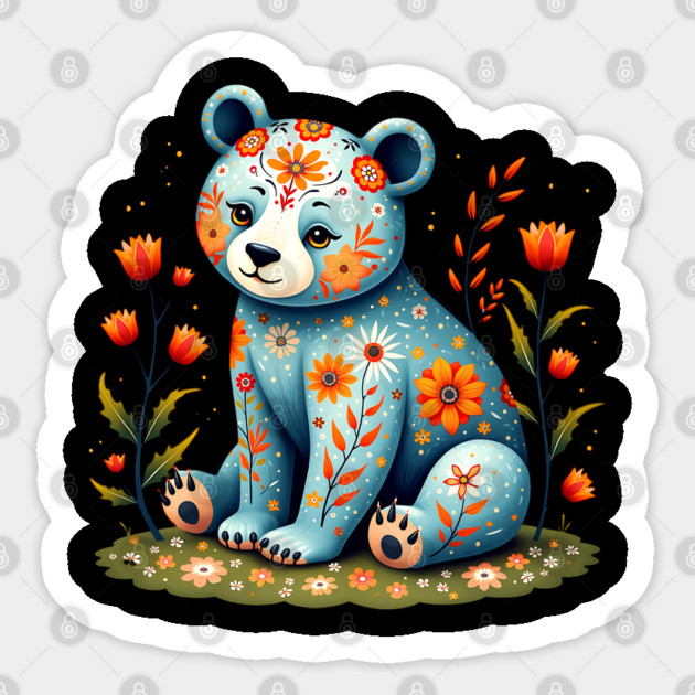 Folk Art Teddy Bear with Floral Elements Sticker by BirdsnStuff