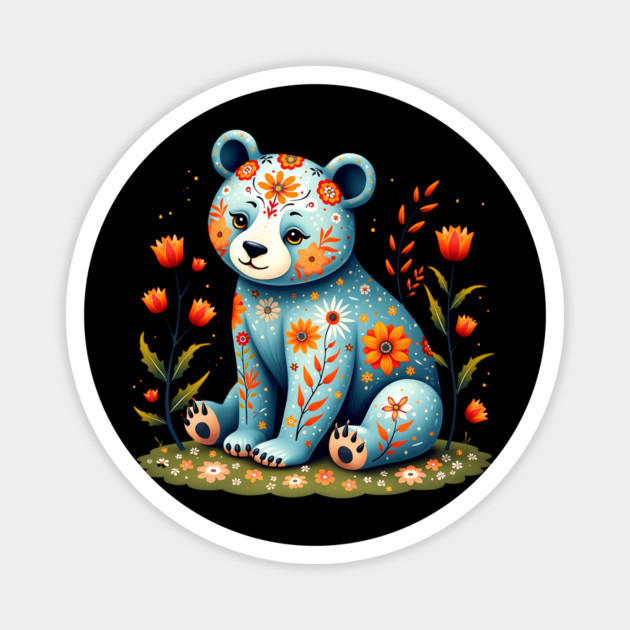 Folk Art Teddy Bear with Floral Elements Magnet by BirdsnStuff
