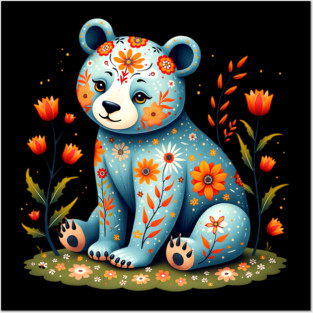 Folk Art Teddy Bear with Floral Elements Posters and Art