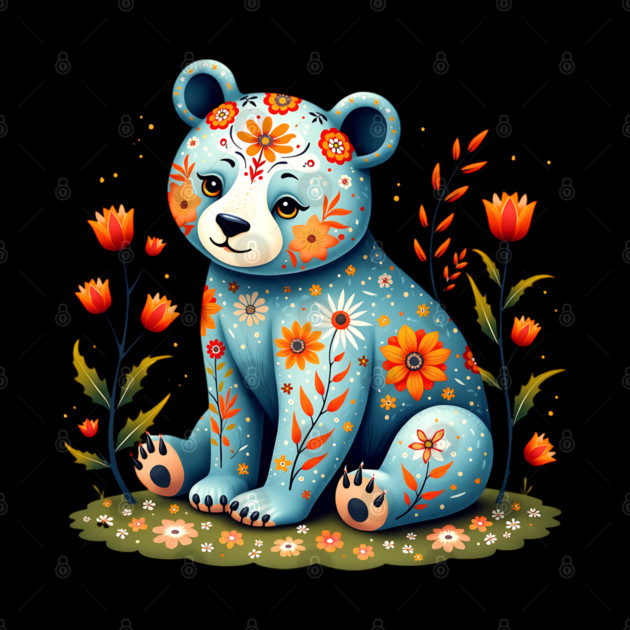 Folk Art Teddy Bear with Floral Elements by BirdsnStuff