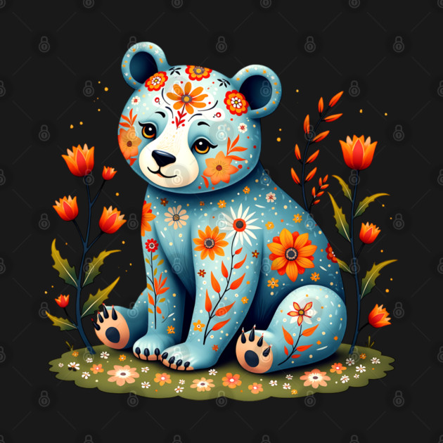 Folk Art Teddy Bear with Floral Elements by BirdsnStuff