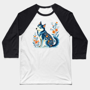 Floral Siberian Husky Art Print Baseball T-Shirt