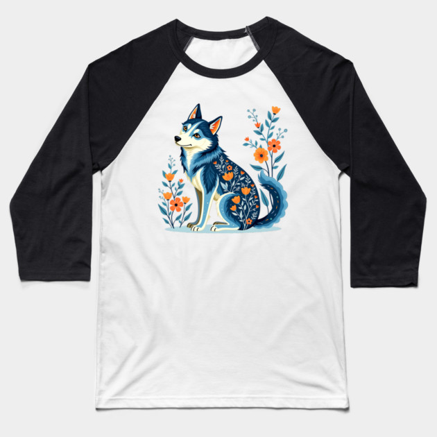 Floral Siberian Husky Art Print Baseball T-Shirt by BirdsnStuff