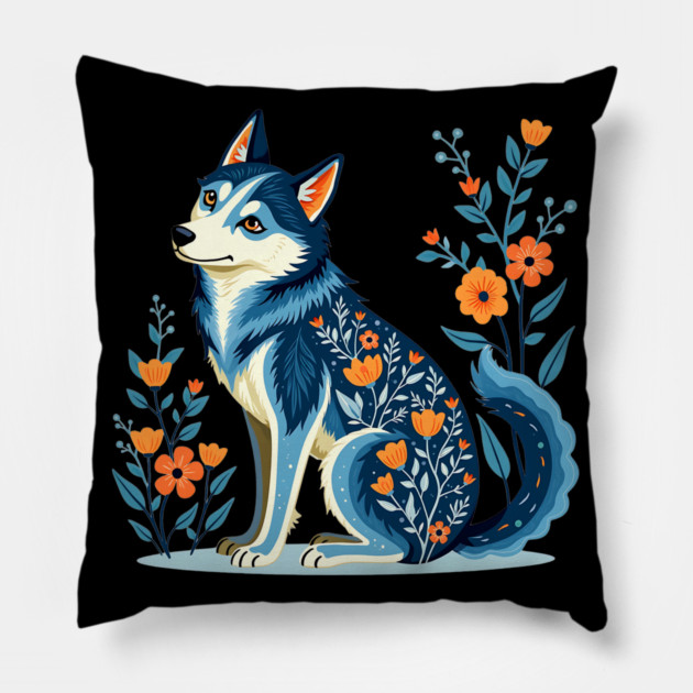 Floral Siberian Husky Art Print Pillow by BirdsnStuff