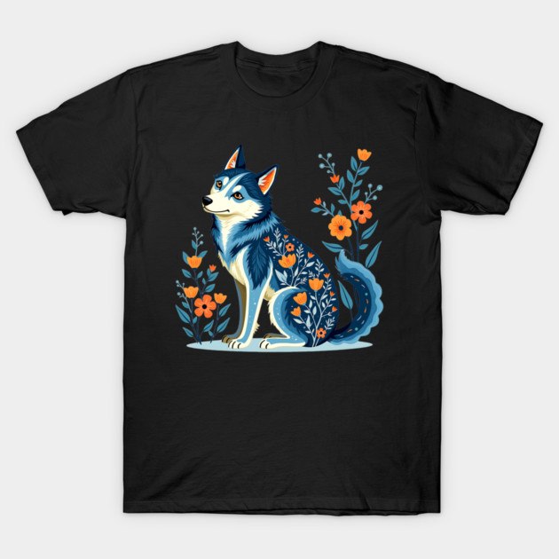 Floral Siberian Husky Art Print T-Shirt by BirdsnStuff