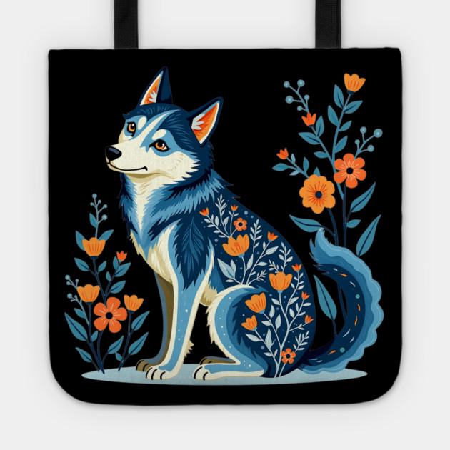 Floral Siberian Husky Art Print Tote by BirdsnStuff
