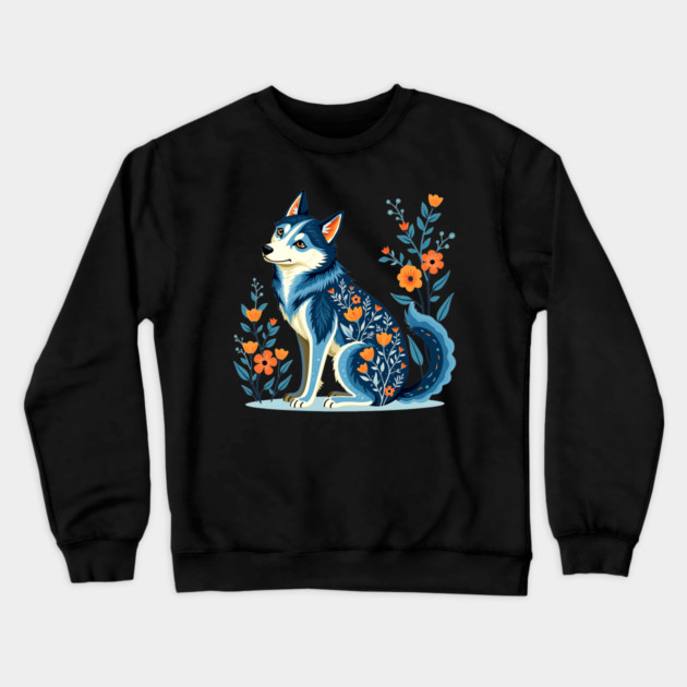 Floral Siberian Husky Art Print Crewneck Sweatshirt by BirdsnStuff