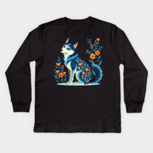 Floral Siberian Husky Art Print Kids Long Sleeve T-Shirt