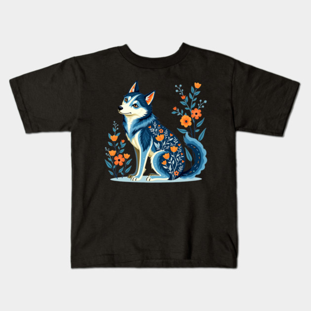 Floral Siberian Husky Art Print Kids T-Shirt by BirdsnStuff