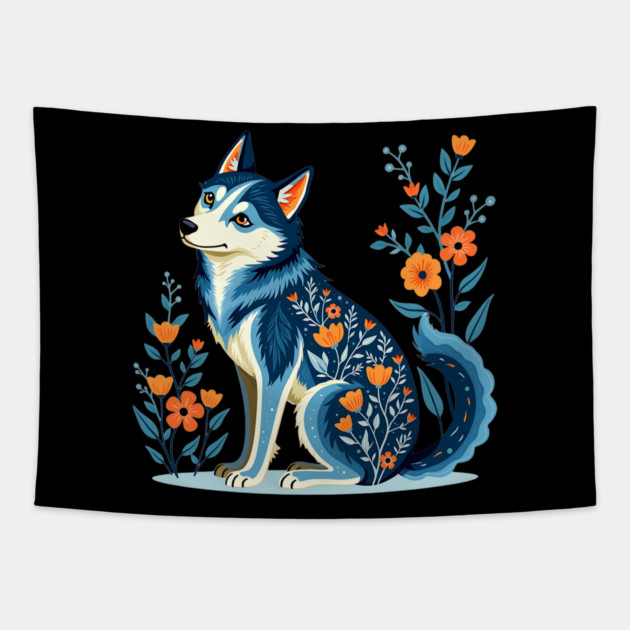 Floral Siberian Husky Art Print Tapestry by BirdsnStuff