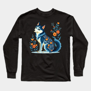 Floral Siberian Husky Art Print Long Sleeve T-Shirt
